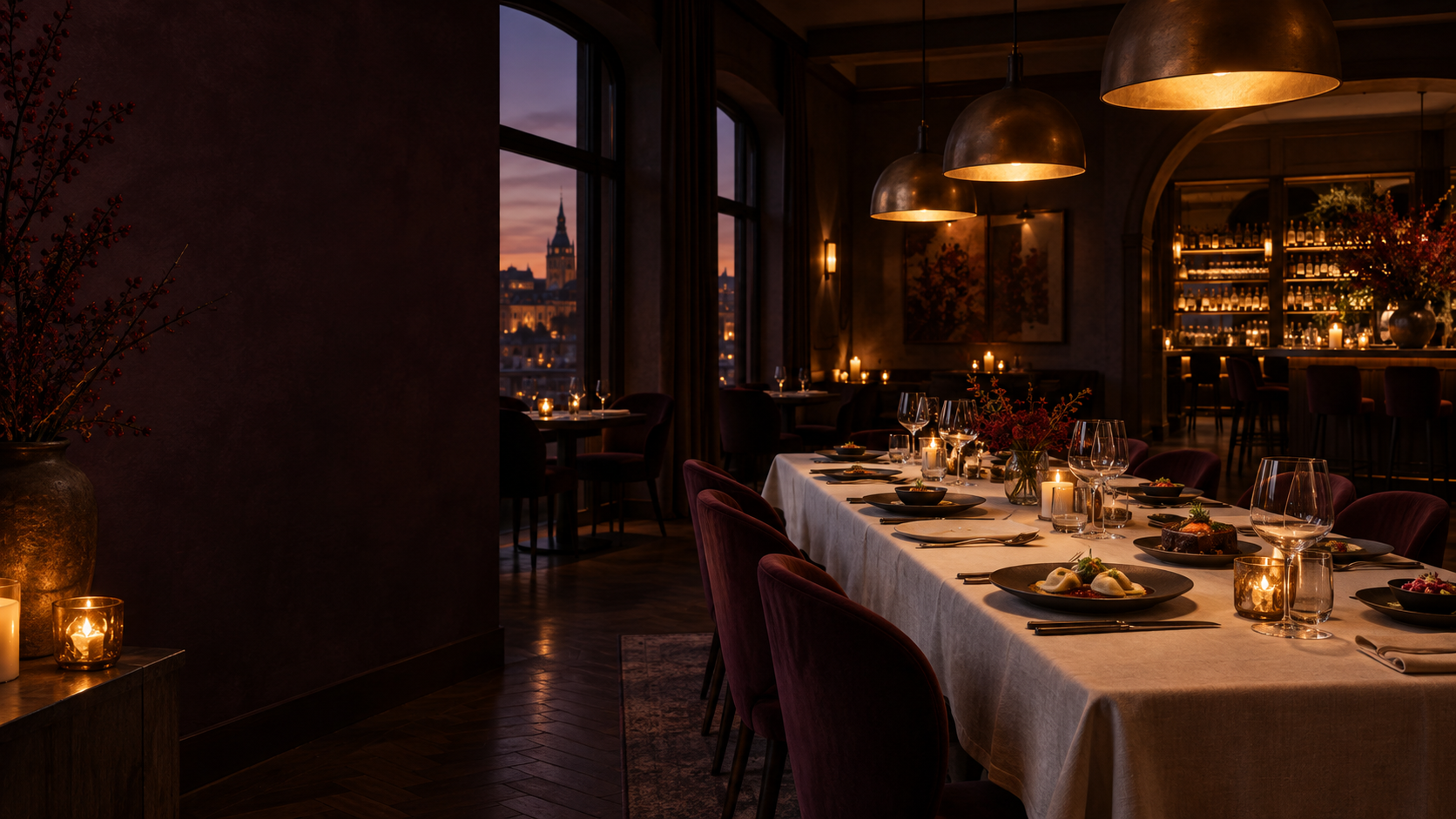 Wieczorne wnętrze restauracji Miedziany Talerz